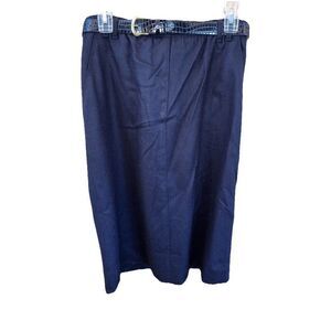 Koret Wool Skirt Midi Lined A Line Navy Blue Elastic Belted Vintage 10 Pockets